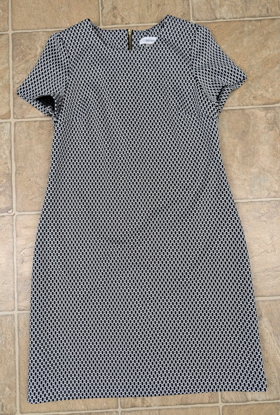 Calvin Klein sz 8 Sheath Dress black white print stretchy office work 3783
